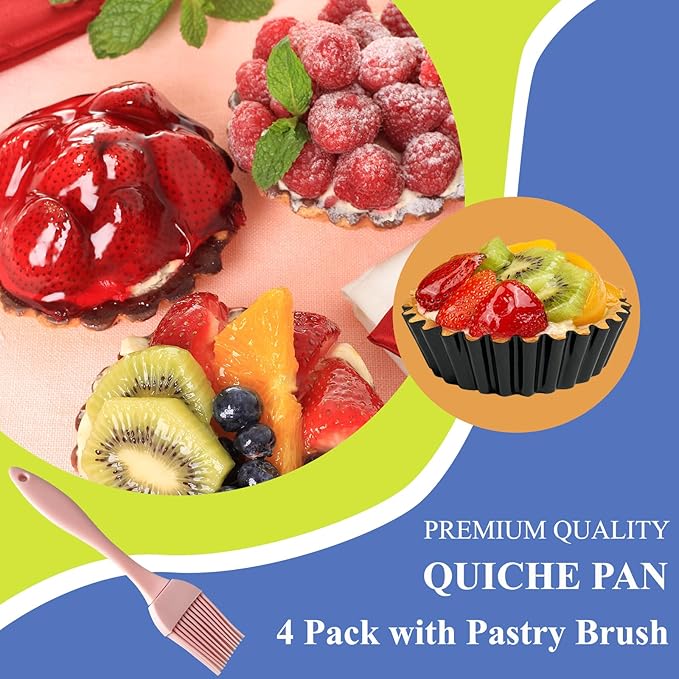 4 Pack Deep Tart Pans with Removable Bottom, 4-Inch Nonstick Quiche Pan with Silicone Basting Pastry Brush for Baking Treats, Pie, Quiches, Tartlets