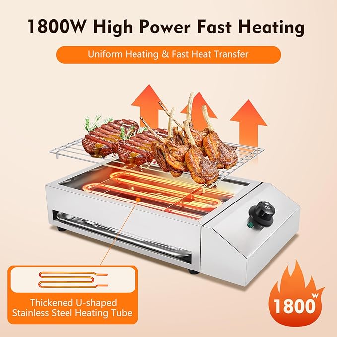 Electric Indoor Outdoor Grill, 1800W Commercial Electric Grill with Removable Griddle, Adjustable Temperature 122F-572F, Stainless Steel Smokeless Indoor Grill for Party Cooking Home Commercial