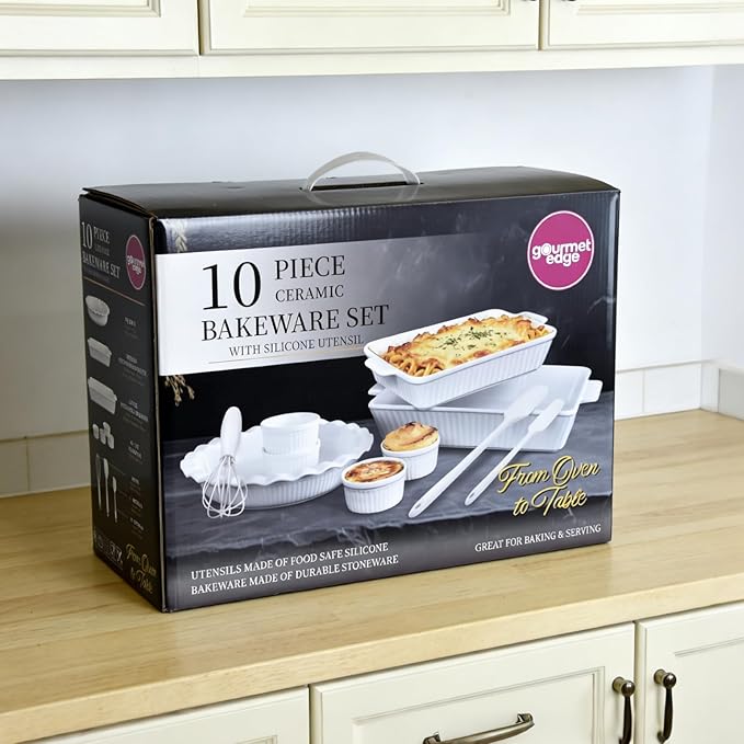 GOURMETEDGE 10-Piece Stackable Ceramic Bakeware Set - Ideal Mother's Day Gift, Non-Toxic Non-Stick Oven Safe, PFOA & PFOS Free, Includes Baking Dishes, Pie Plate, Ramekins & Silicone Tools (White)