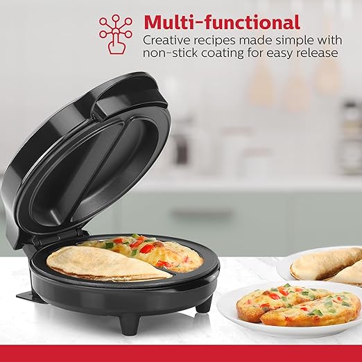 Holstein Housewares Stainless Steel 2 Section Omelet & Frittata Maker, Non Stick Coating, Easy To Clean, Indicator Lights, Compact Storage, Prepare Versatile Recipes in Minutes. 2 Portions, Black