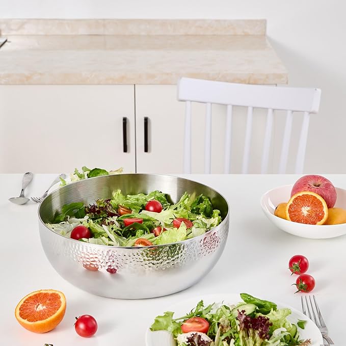 Brightalk 100oz Stainless Steel Hammered Salad Bowl, Large Fruit Popcorn Serving Bowl