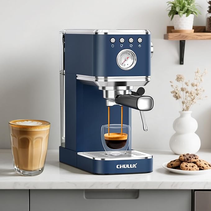 CHULUX Slim Espresso Machine with Milk Frother, 20 Bar Professional Italian Pump Espresso Coffee Machine for Home Cappuccino & Latte Maker, Stainless Steel, Navy