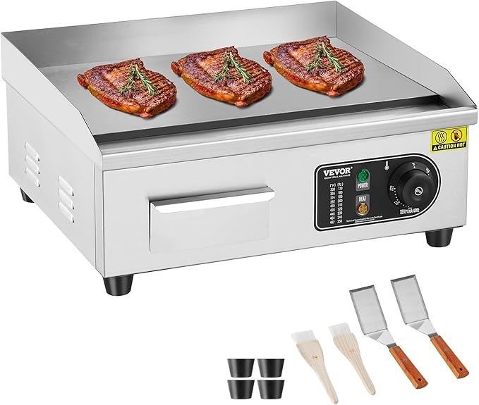 VEVOR Commercial Electric Griddle, 1700W Countertop Flat Top Grill, 18in Stainless Steel Griddle Grill with 2 Shovels and 2 Brushes for Home or Restaurant, 122℉-572 ℉ Adjustable Temp