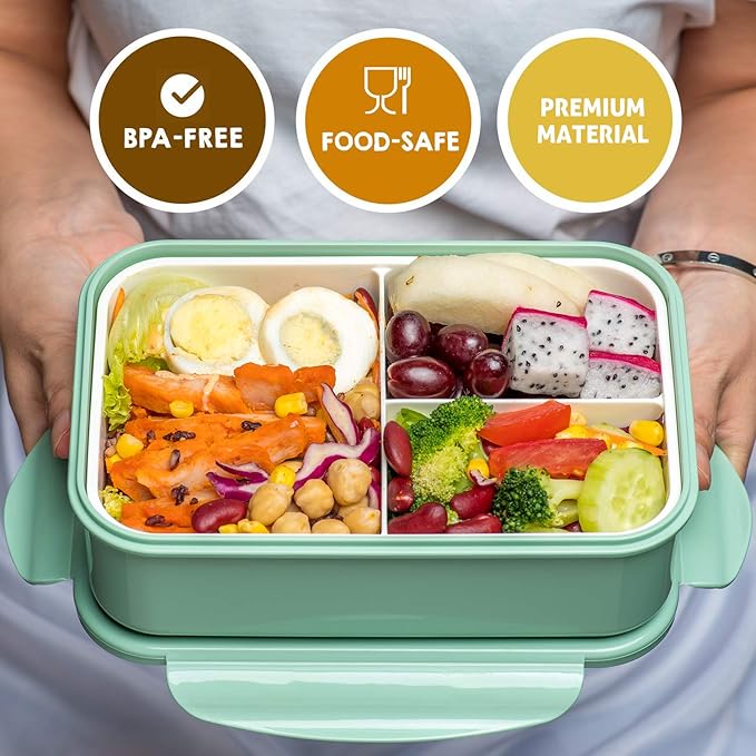 Bento Boxes for Adults - 1100 ML Bento Lunch Box For Kids Childrens With Spoon & Fork - Durable Perfect Size for On-the-Go Meal, BPA-Free and Food-Safe Materials(Green)