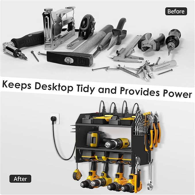 CCCEI Modular Power Tool Organizer Wall Mount with Charging Station. Garage Drill Storage Shelf with Hooks, Heavy Duty Rack, Tool Battery Holder Built in 8 Outlet. Gift for Men. Black, 2 Pack.