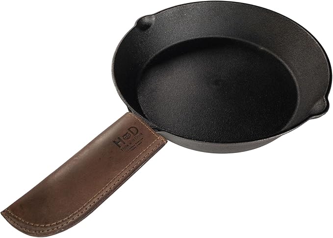 Hide & Drink, Hot Pan Handle Cover Handcrafted from Thick Full Grain Leather - Heat Resistant, Sturdy Grip for a Cast Iron Skillet, Frying Pan, Cookware - (Bourbon Brown)