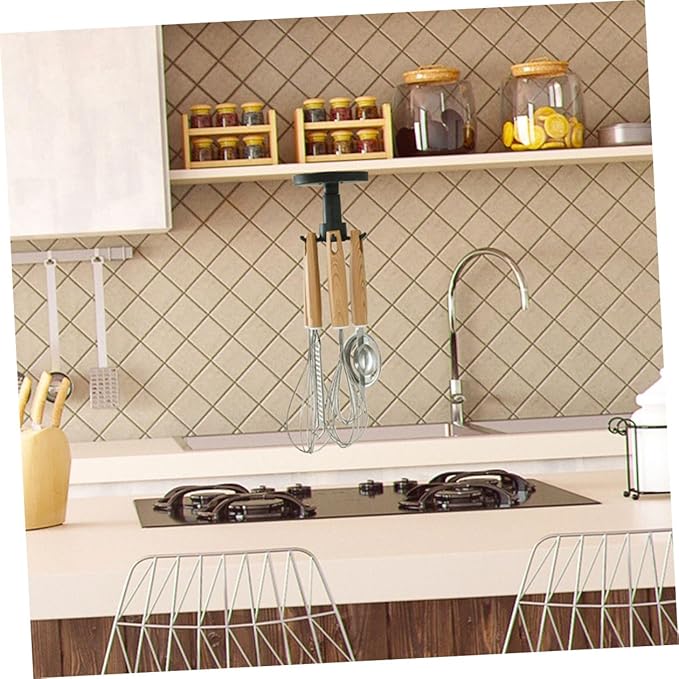 3pcs No-Nail Kitchen Utensil Hooks Rotatable Black Hanging Storage Organizer Under Cabinet Multi-Functional Wall Mounted Holder for Cooking Tools