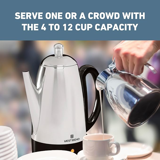 West Bend Electric Percolator Classic Style Coffee Maker with Heat Resistant Handle Base and Detachable Cord with Stainless Steel Stem and Basket, 12-Cup, Silver