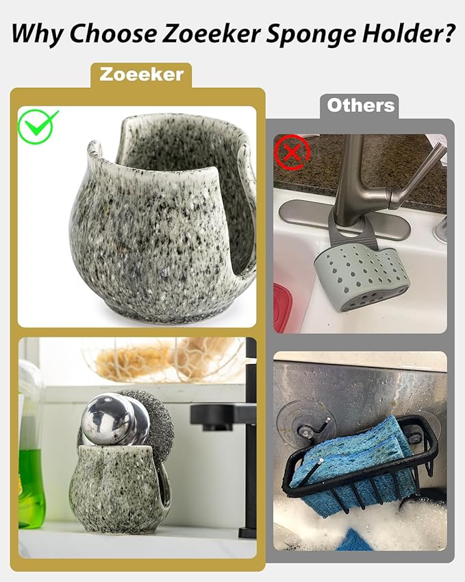 Ceramic Sponge Holder, Kitchen Sponge Holder Sink Caddy Organizer Dish Rack for Kitchen Sink Suction, Bathroom, Brush, Special Gray