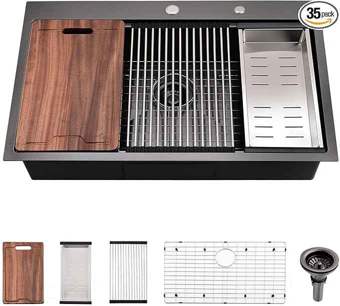 30 Inch Black Drop in Kitchen Sink Workstation - VOKIM 30x18-Inch Drop in sink Stainless Steel 16 Gauge 10'' Deep Single Bowl Topmount Kitchen Sink with Cutting Board& Strainer