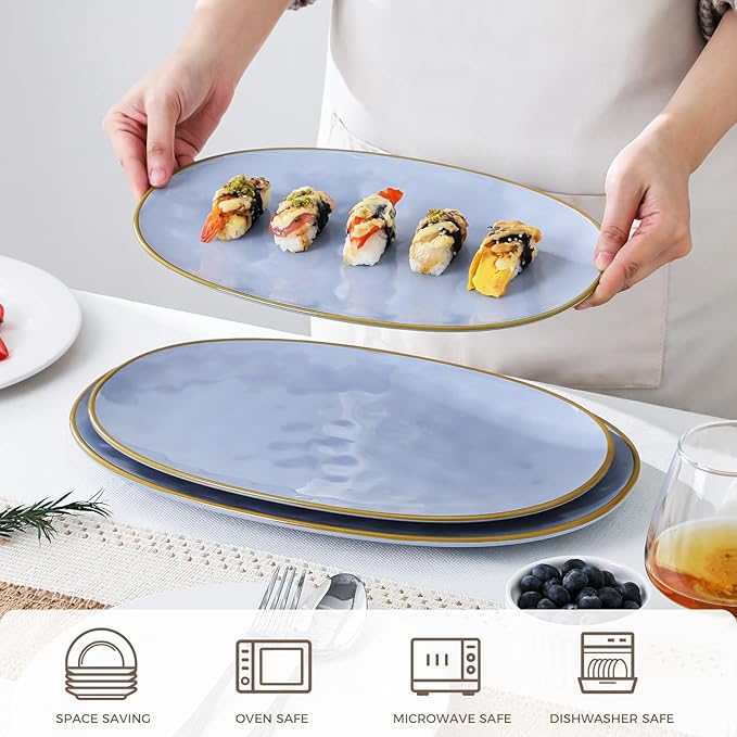 Ceramic Oval Serving Platter: 15.6/14.3/12.9 Inch Large Serving Dishes for Entertaining Party, Turkey, Steak, Ham, Microwave Dishwasher Safe, Blue