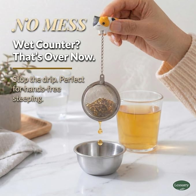 Calico Cat Tea Ball for Loose Leaf Tea, Cute Tea Infuser with 304 Stainless Fine Mesh Tea Ball Strainer & Drip Tray, Leak-Resistant Locking Fit, 6.1in Mug Chain, Gift Box, 1 Pack