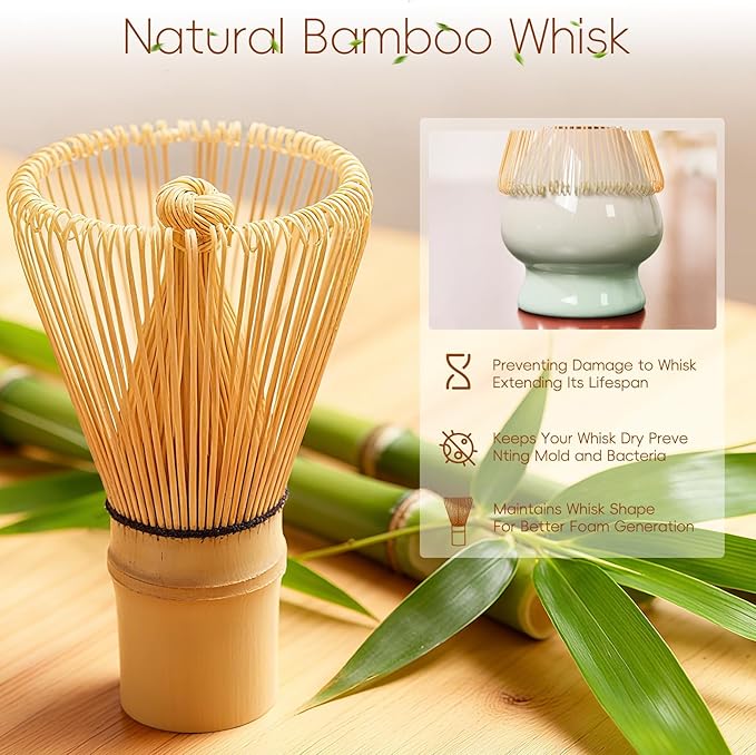 Matcha Whisk Set, Ceramic Matcha Set Includes Bowl & Holder, Bamboo Whisk (Chasen), Scoop, Spoon and Sifter, 6PCS Matcha Kit Covers Everything Needed for Making Matcha (Green)