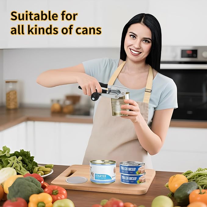 Manual Can Opener, Heavy Duty Power Can Opener with Soft Touch Handle, Sharp Blade, Smooth Edge, Can Opener with Multi-Purpose Bottle Opener, Get a Bottle Opener, Black