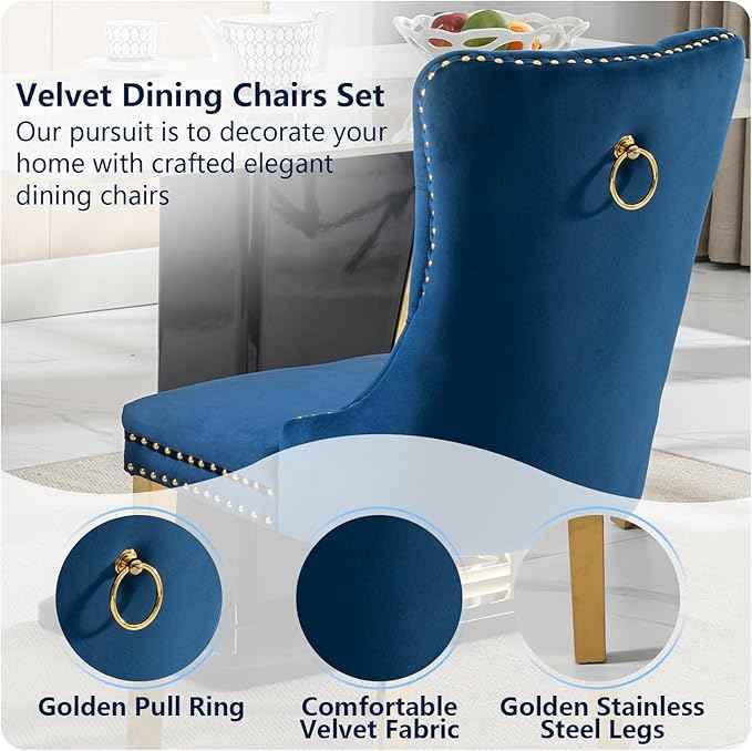 Blue Velvet Dining Chairs Set of 2, Kitchen Chairs Set of 2, Tufted Upholstered Dining Room Chair, Back Ring Pull Trim, Golden Stainless Steel Legs, Blue