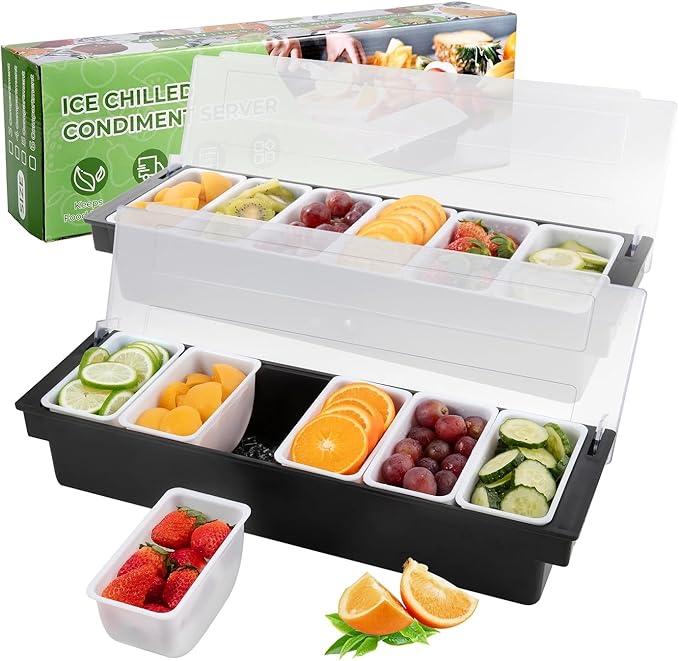 Fruit, Veggie & Condiment Caddy with Lid Dispenser Tray Garnish Station for Bartending & Serving Taco (2, 6 Compartment)