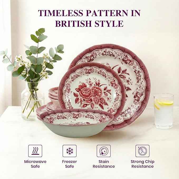 Tudor Royal 12-Piece Round Porcelain Dinnerware Set, Service for 4 - Victoria RED Design, Red Floral, Plates Bowls Dishes, Premium Quality Tableware, Unique Pattern, Glossy