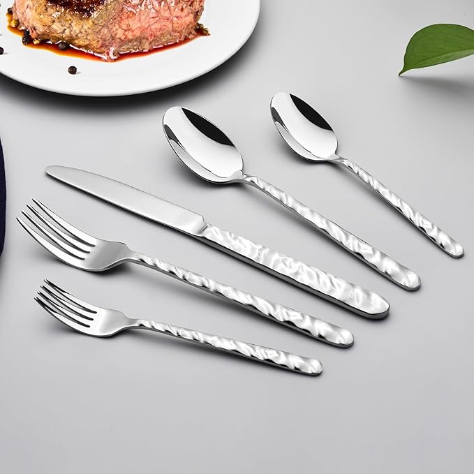 NICE KITCHEN Silverware Set, 40 Piece Premium Stainless Steel Flatware Set for 8, Heavy Duty Silverware Cutlery Sets with Wavy Patterns, Spoons and Forks Set, Mirror Polished, Dishwasher Safe