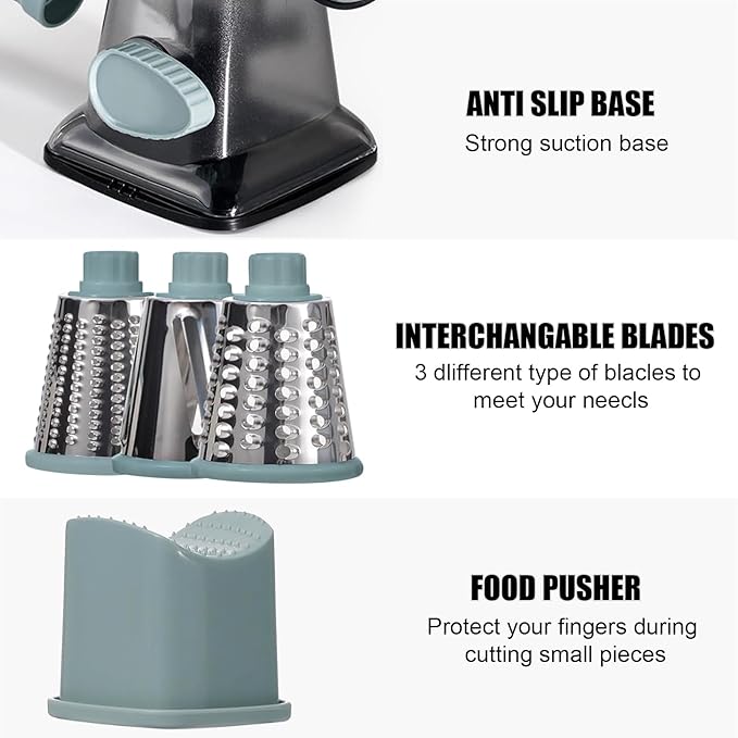 XUANYILA Rotary Cheese Cheese Grater Hand Crank Vegetable Cheese Grater for Kitchen 3 Changeable Blades for Cheese Potato Zucchini Nuts Chocolate - GreyBlue