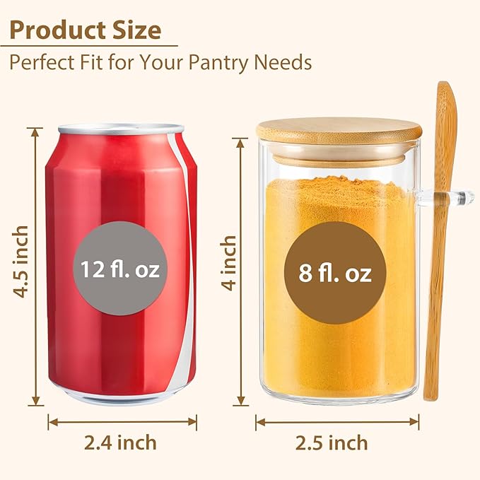 TBWIND 12 Pack 8 oz Round Glass Spice Jars with Lids and Spoons – Airtight Small Spice Containers Set with Labels, Clear Glass Storage Jars for Seasoning, Spices, Kitchen Pantry Organization