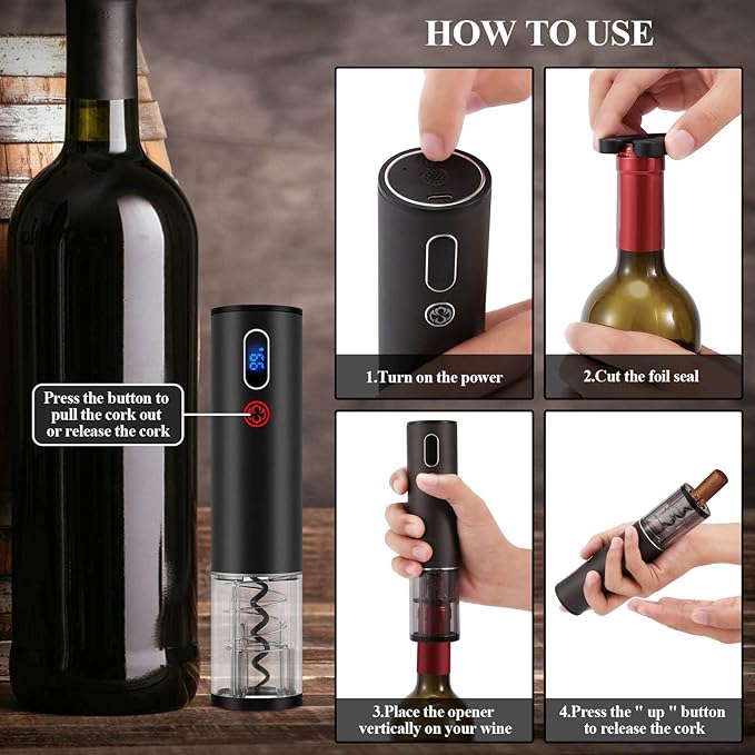 Wine Opener Valentines Day Gift Set with Electric Wine Bottle Opener, Wine Decanter&Wine Aerator and Pourer, wine stopper, Foil Cutter and EVA Storage Bag, Rechargeable and Automatic(Black)