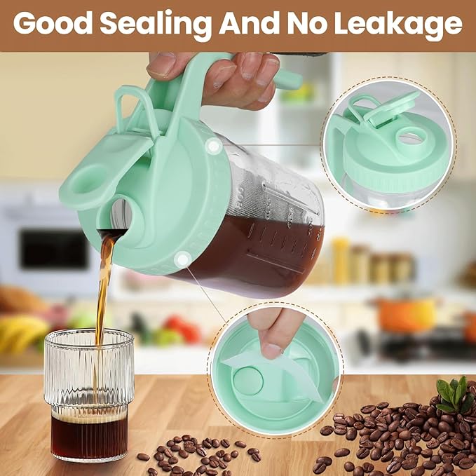 Cold Brew Coffee Maker,32 oz Mason Jar Pitcher with Stainless Steel Filter, Pour Spout Handle Lid, Heavy Duty Glass Airtight & Leak-Proof for Iced Coffee Tea Breastmilk Lemonade-Green