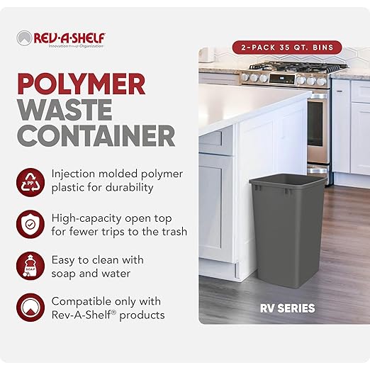 Rev-A-Shelf Polymer Replacement 35 Quart Trash Bin Recycle Waste Garbage Container for Kitchen Cabinet Pullouts, Gray, 2 Pack, RV-35-13-2