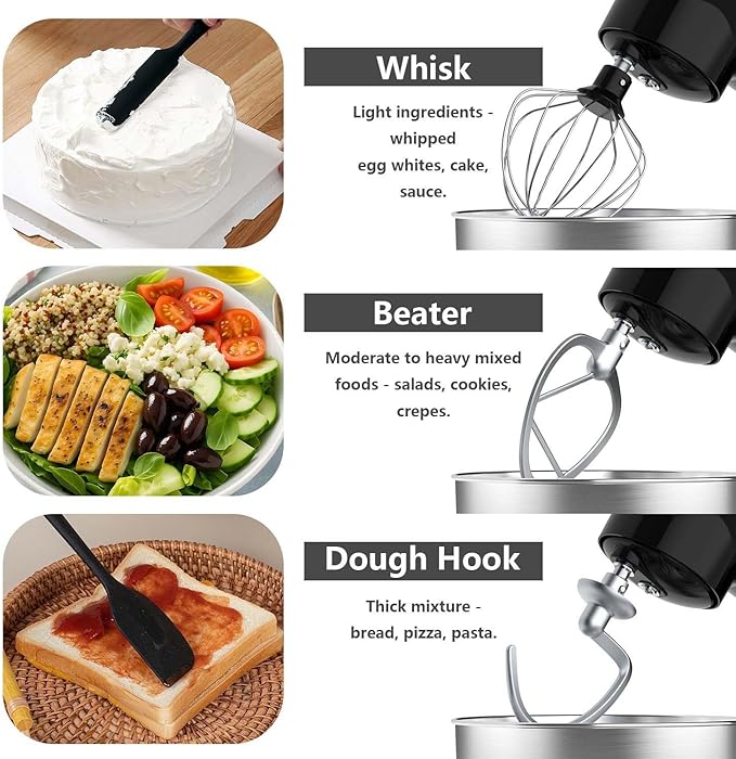 Stand Mixer, 3 in 1 Stand Mixer, 5.5Qt Electric Mixer, Mixer with Stainless Dough Hook, Wire Whip & Beater, Food Mixer for Baking, Cake and Most Home Cooks, Black