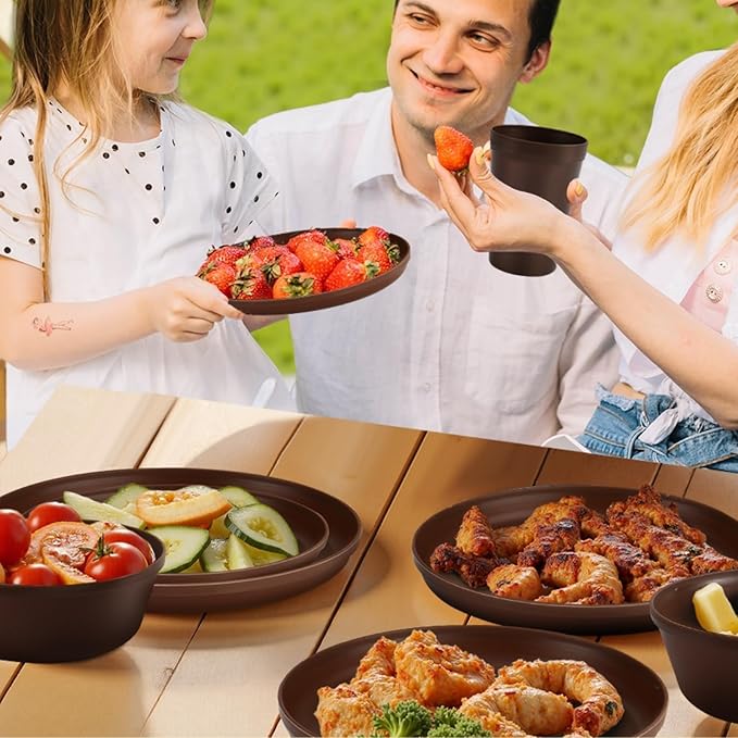 40 Piece Plastic Dinnerware Set for 8 with Cutlery, Unbreakable Plates and Bowls Set, Dishwasher & Microwave Safe Reusable Dish Set for Camping, RV, Outdoor Kitchen, Apartment Dining, Brown