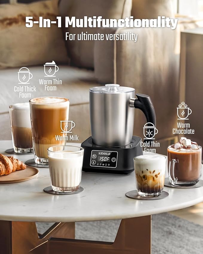 KIDISLE 5-in-1 Milk Frother and Steamer, 17oz Detachable Frother with Adjustable Temperature, Hot Chocolate Maker, Stainless Steel Milk Steamer, Hot & Cold Foam Maker, Dishwasher Safe