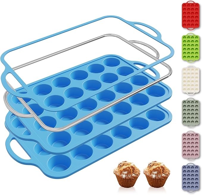 Socisen 2 Packs 24 Cups Silicone Muffin Pan with Metal Reinforced Frame Mini Size Cupcake Pan Tray Egg Bites Cookie Molds Muffin Tin Tart Pans chocoflan mold Baking Sheet Set Breakfast Sandwiches
