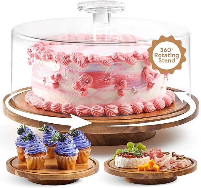 HOMESPHERE Rotating Cake Stand With Lid - 12 Inch Round Cake Holder with Cover, 4” Tall, Acacia Wood Spinning Cake Turntable for Decorating, Display and Serving Platter, Acrylic Cake Dome, No Glass