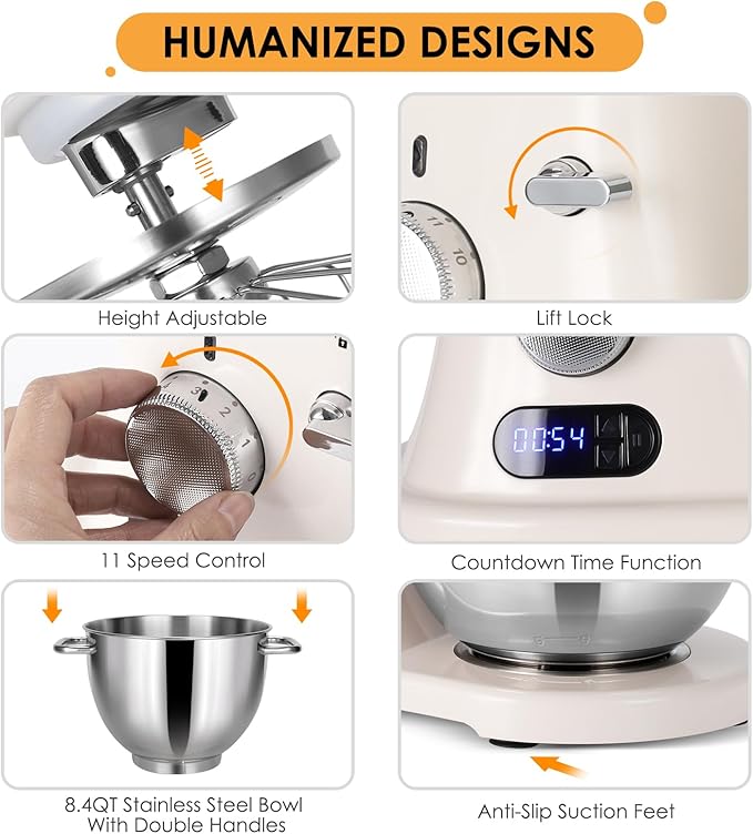 8.4QT Commercial Stand Mixer 800W with Aluminum Die Casting Meets the Standard of NSF/ANSI 8-2023, Mixers Kitchen Electric Stand Mixer with Stainless Steel 8L Bowl, Dough Hook, Whisk and Beater