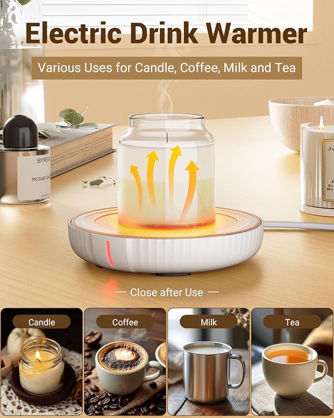 HouseGem Large Candle Warmer Plate - Coffee Cup Mug Warmer for Desk, Candle Melter, Electric Mug Heater for Beverages, Milk & Tea, Coffee Accessories Ideal Gifts Keep Cup Warm (White)