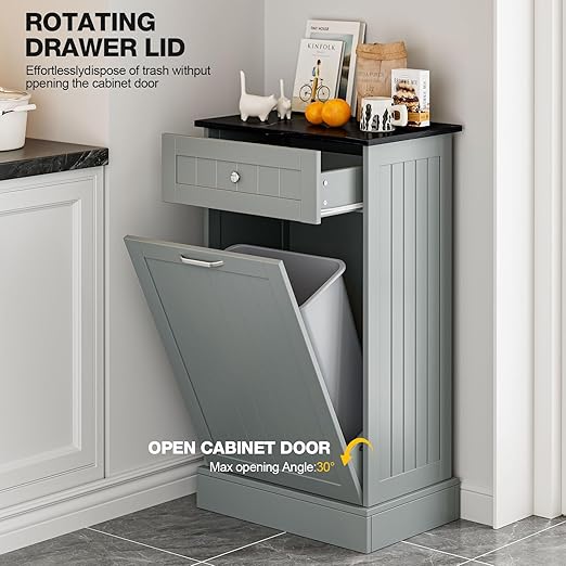 GAZHOME 10 Gallon Tilt Out Trash Cabinet, Upgrade Wooden Free Standing Recyclin Trash Cabinet with Hideaway Drawer(Gray)