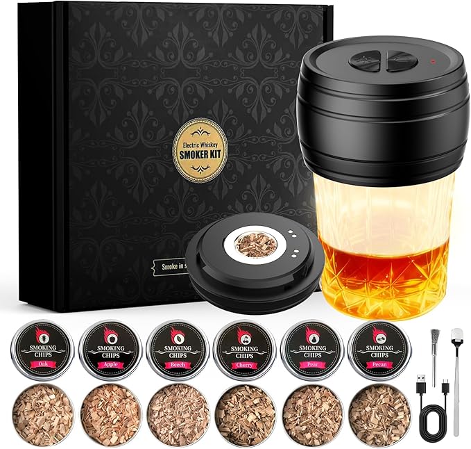 Electric Whiskey Smoker Kit Built-in Lighter, Rechargeable Old Fashioned Cocktail Bourbon Drink Smoker kit with 6 Wood Chips Birthday Gifts for Men Dad Husband Boyfriend Mens