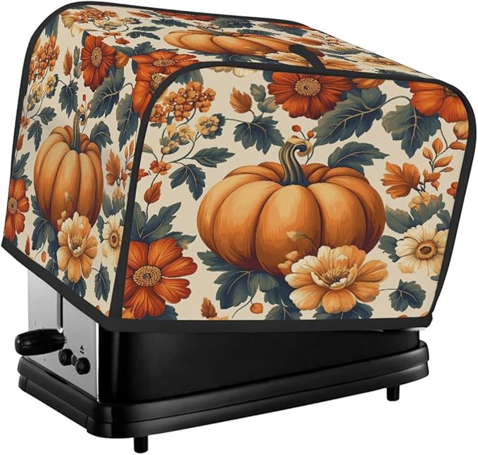 4 Slice Autumn Toaster Cover,Thanksgiving Pumpkin Fall Boho Floral Small Kitchen Appliance Bread Machine Cover with Pockets,Dust & Fingerprint Protection
