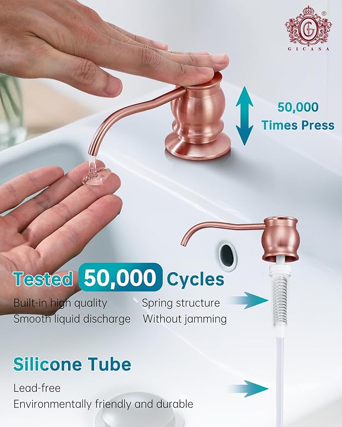 Brass Kitchen Soap Dispenser, Red Copper in Sink Liquid Dish Soap Dispenser with High Capacity 500ML （17oz） ABS Bottle, Under Sink Hand Metal Dispenser Pump