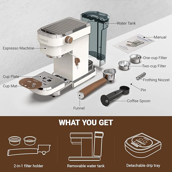 Espresso Machine, Expresso Coffee Machines for Home, 20 Bar Cafetera Espresso with Milk Frother Steam Wand, Compact Small Coffee Maker for Latte and Cappuccino (Pear White, Stainless Steel, Gift)
