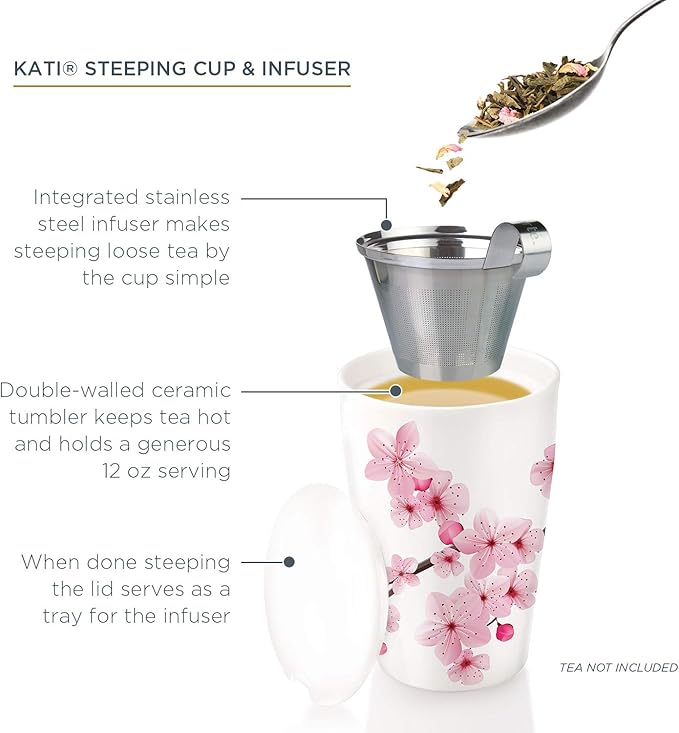 Tea Forte Double-Walled Ceramic Kati Cup, Removable Stainless Steel Infuser Basket and Lid, Steeps 12 oz Loose Leaf Tea, Dishwasher & Microwave Safe, Gifts for Mom, Hanami