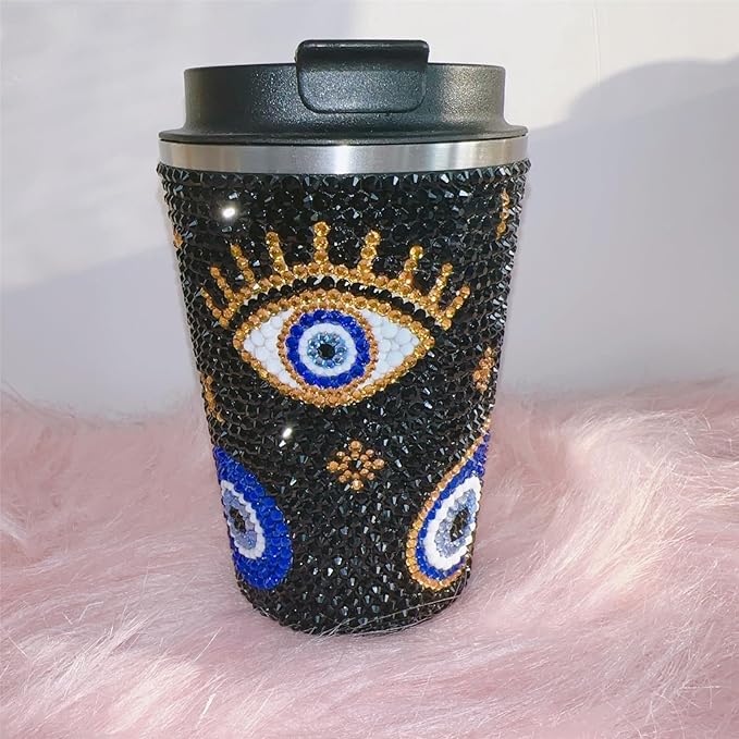 380ML Sparkle Black Crystal Evil Eyes Decorate Water Cup,Glitter Rhinestone Stainless Steel Keep Cold/Hot Coffee Mug