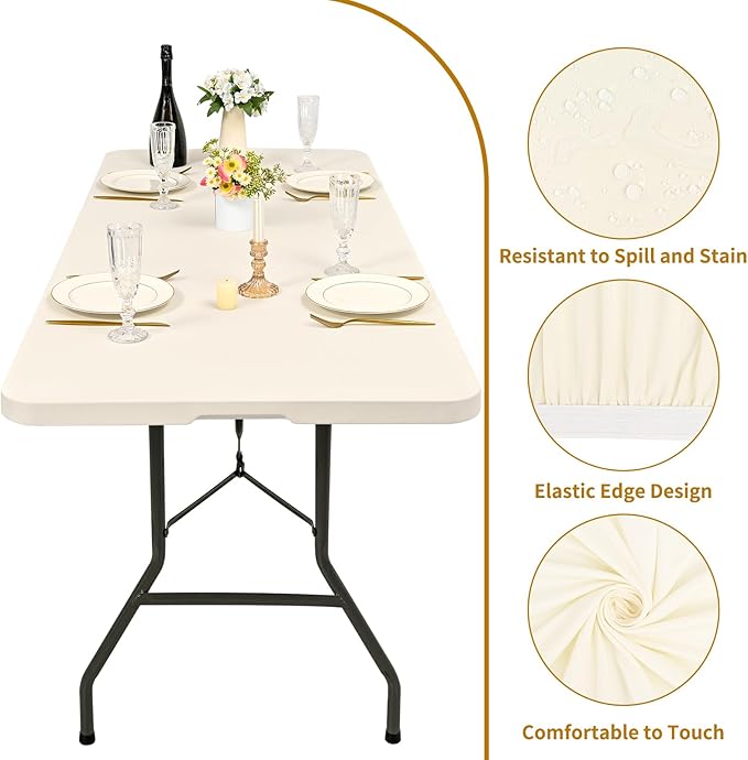 6 Pack Stretch Fabric Table Top Cap Cover, fits 8' Tables, Spandex Table Covers Washable Elastic Rectangle Tablecloth Protector for Indoor Outdoor Party Picnic Wedding, Ivory, 30" W x 96" L