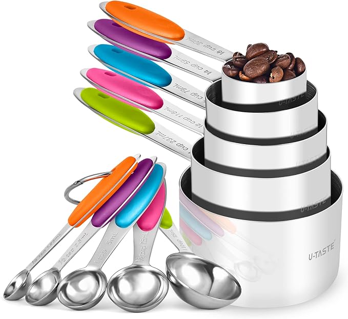 Measuring Cups and Spoons Set: U-Taste 18/8 Stainless Steel 10 Pieces Stacking Kitchen Baking Cooking Food Measure Set 5 Cups 5 Spoons with Strengthened Weld Joints (Multicolors, Upgraded Version)