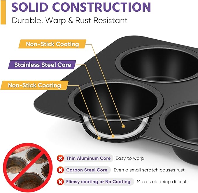 E-far Non-stick Muffin Pan Set of 2, 6-Cup Muffin Cupcake Pan Tin for Oven Baking, Easy Release & Clean, Regular Size - 11.44 x 7.12 x 1.25 Inch