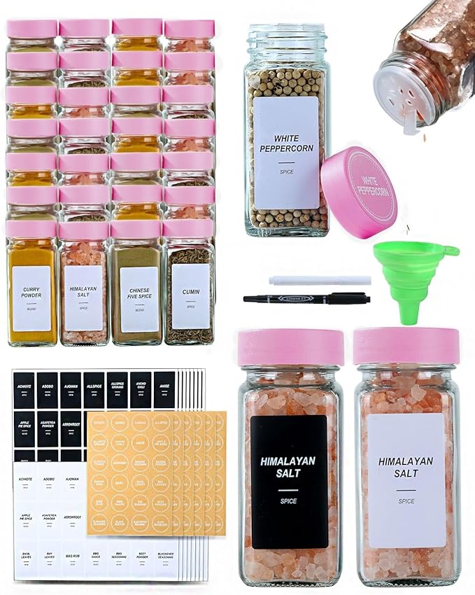 48 Glass storage jars，Glass Spice Jars with Label-4oz Spice Containers with Lids and Shaker Lids,3 Sets of Spice Labels 1 Collapsible Funnel 2 Erasable Markers for Spice Rack, (48)