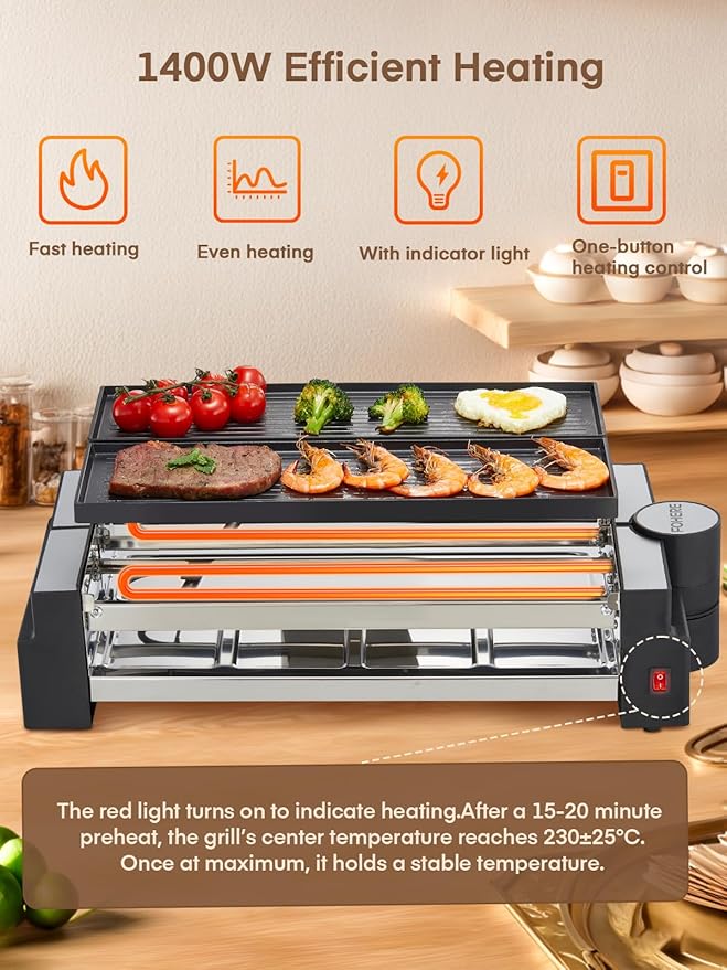FOHERE Raclette Grill, 2-in-1 Rotatable Electric Indoor Raclette Table Grill, 1400W Raclette Machine for 8 with Reversible Non-Stick Plates, Includes 8 Cheese Pans for Family and Parties Fun