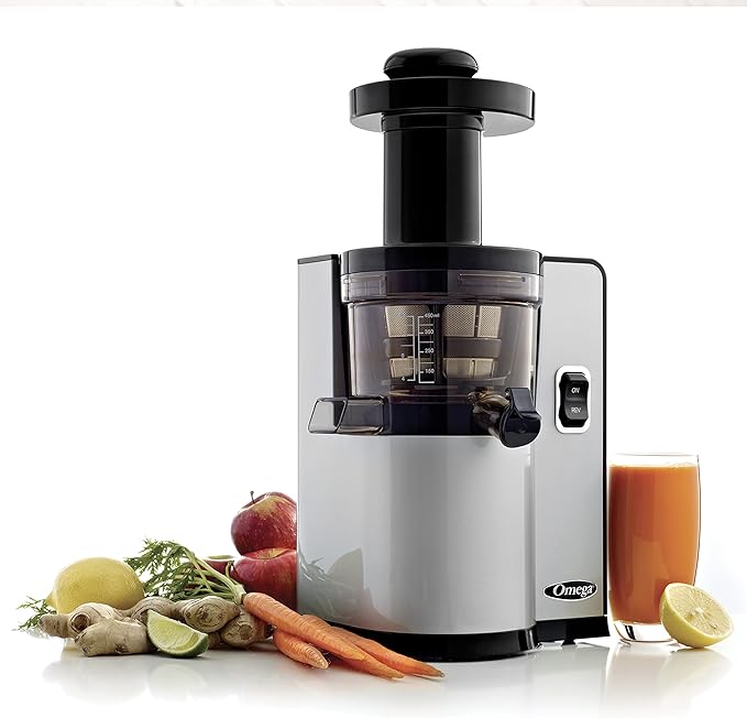 Omega Juicer Cold Press Vertical 43 RPM Slow Masticating Compact Juice Extractor for Fruits and Vegetables Quiet Operation with 3 Stage Auger Automatic Pulp Ejection and No-Drip Tap, 150-Watts, Silver