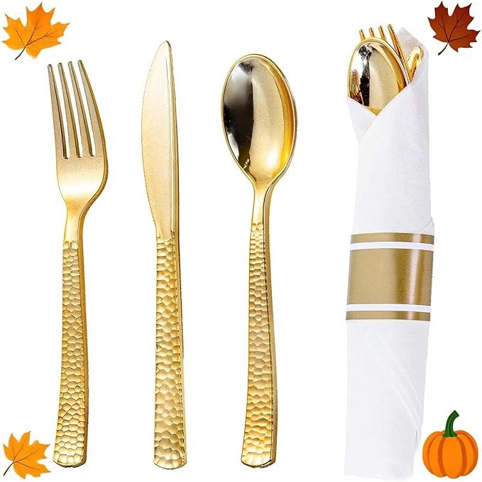 WELLIFE 50 Pack Gold Plastic Silverware with Pre Rolled Napkins,Gold Disposable Utensils, Includes: 50 Forks,50 Knives,50 Spoons,50 Napkins,gold Silverware Disposable for Thanksgiving