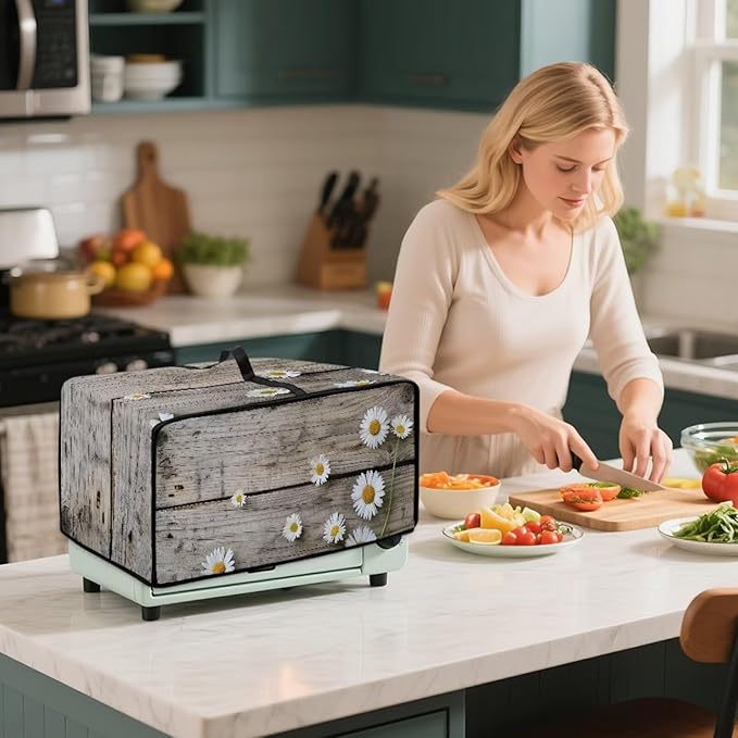 Toaster Oven Cover Washable Small Kitchen Appliance Dust Cover with Pockets, for Air Fryer Toaster Ovens, Microwaves, M, 16.5 x 20.5 x 10 inches, Daisy Wood Grain