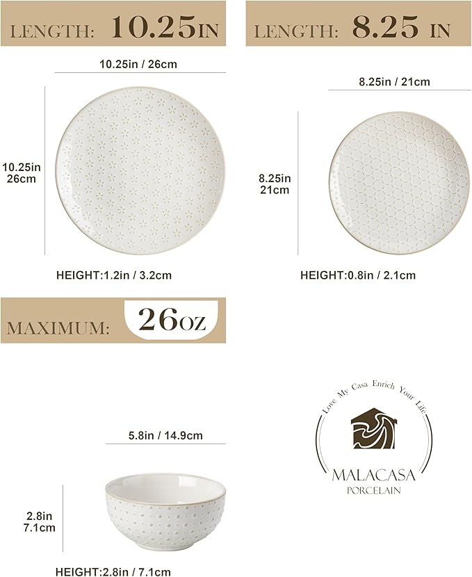 MALACASA 12 Pieces Dinnerware Sets, Modern Relief Design Plates and Bowls Sets, White Dish Set for 4, Kitchen Ceramic Dinner Plates Dishware Set, Microwave and Dishwasher Safe, Series LYDIA